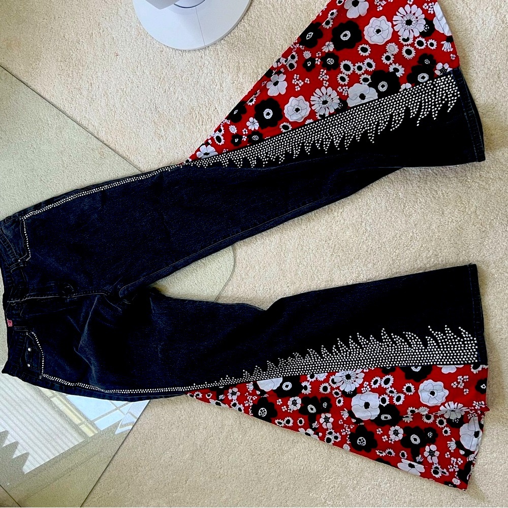 Judy Blue Black and Red Floral Flare Jeans